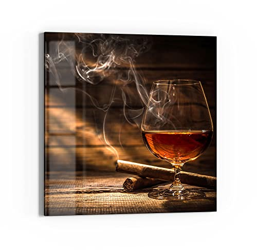 DEQORI Cuadro de cristal acrílico, diseño de vaso de whisky y cigarro, cuadrado de una pieza, 50 x 50 cm, bonita decoración, mural para salón, dormitorio, pasillo y cocina, decoración moderna de pared
