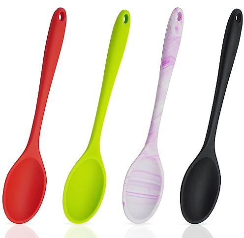 4 Pcs Silicone Spoons for Cooking, 10.6'' Large Mixing Spoon for Cooking Heat Resistant Basting Spoon Serving Spoon, Non Stick Kitchen Utensil Spoons Set for Stirring, Mixing and Serving