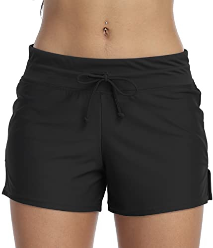 Joweechy Womens Swim Shorts Drawstring Sporty Bikini Bottoms Beach Bathing Surfing Swimming Board Shorts Swimwear Black,XL