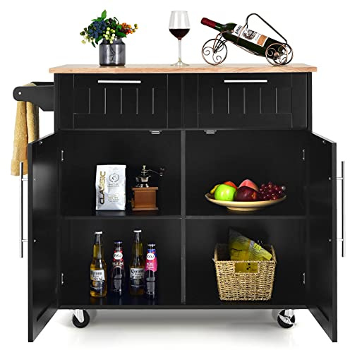 KOMFOTTEU Küchenwagen mit Arbeitsplatte, Kücheninsel mit Rollen, Servierwagen mit 2 Schubladen und Türen, Rollwagen große aus Holz, Küchentrolley 94 x 45,5 x 94,5 cm (Schwarz)