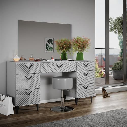 Vicco Schminktisch Anett, Grau, 150 cm | mit Hocker, Schubladen für Ordnung im Chaos