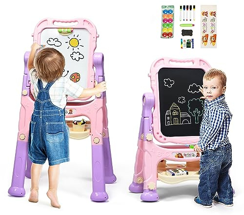 COSTWAY Kids Double Sided Easel with Magnetic Whiteboard and Chalkboard, Art Accessories, Storage Tray, Height Adjustable & 360° Rotatable Drawing Board Educational Toys for Boys Girls (Pink)