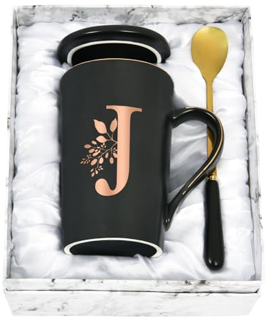 Joymaking Tasse à café personnalisée avec lettres de l'alphabet et motif floral, nom, initiale, cadeaux personnels, tasse à café pour femme et petite amie, J - 400 ml noir