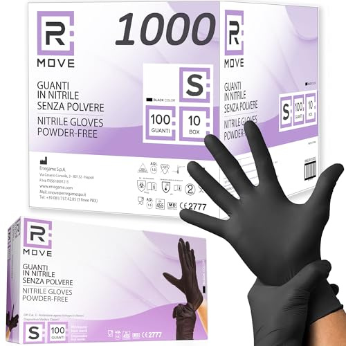R MOVE 1000 Einweghandschuhe Schwarz, Nitrilhandschuhe, einmalhandschuhe puderfrei & latexfrei, handschuhe einweg für Mechaniker, Tätowierer, Kosmetikerinnen (Schwarz, S)