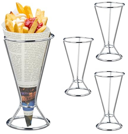Relaxdays Soporte Patatas Fritas, Set de 4 Apoyos para Conos de Comida de Acero Inoxidable, 16 x 9,5 cm, Embutido, Plata