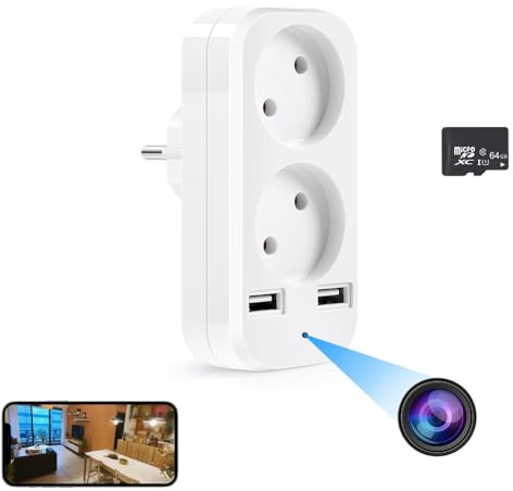 Firstoy Caméra cachée, caméra convertisseur avec 2 interfaces USB et 2 Prises EU, Adaptateur HD WiFi EU avec visualisation à Distance et Sauvegarde Automatique, Surveillance Interne de la sécurité