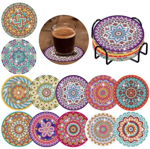 12 Stk Diamond Painting Untersetzer mit Halter - Diamond Painting Mandala Untersetzer, DIY Diamant Tassenuntersetzer, 5D Diamant Malerei Untersetzer zum Basteln Erwachsene Kinder