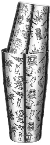 Coctelera Boston con peso grabada con imágenes Tiki (gráfico Tiki)