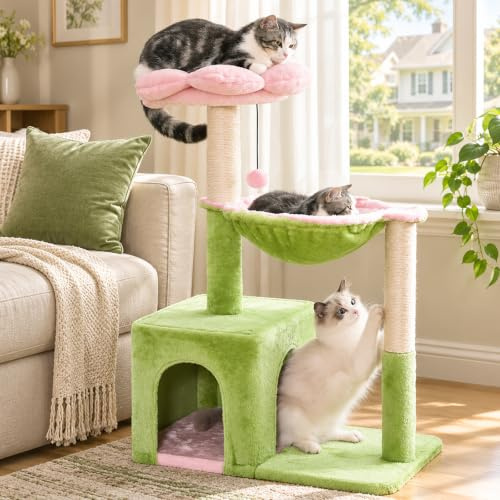 Pawfessor Árbol de flores para gatos grandes, bonita torre para gatos de 32.6 pulgadas, poste rascador para gatos con hamaca grande de 15.7 pulgadas y condominio, percha de flores extraíble y bola