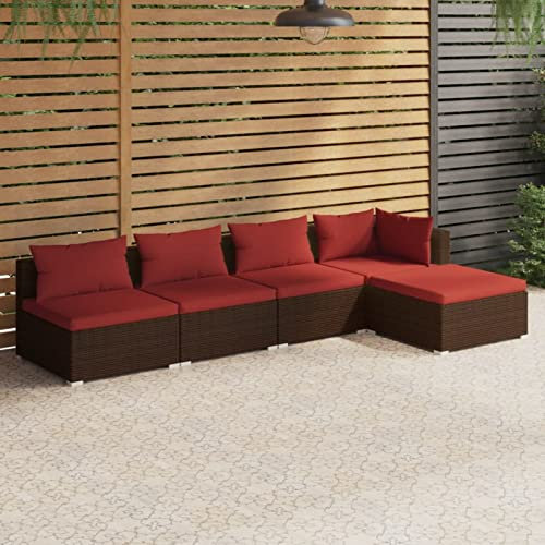 SECOLI Gartenlounge Outdoor Gartensofa loungemöbel Outdoor polyrattan Balkon Lounge balkonmöbel Terassenmöbel außen Ecklounge Balkon-Braun und Zimtrot-5-tlg-2