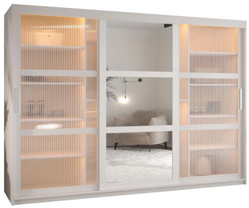 ABIKSMEBLE Flutes 2 Armoire à Trois Portes Coulissantes avec Miroir, Barres et Étagères - Armoire de Rangement pour Salon - Façades en Verre Flûté - 200x250x62 cm - Blanc, Blanc, Argent