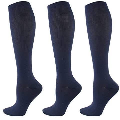 HYCOPROT 3 Paia di Calze a Compressione per Uomini e Donne, Calze Elastiche a Compressione Graduata 15-20 mmhg Calze Compressione per Fitness, Volo, Sport, Corsa, Ciclismo, Viaggio (Blu, L-XL)