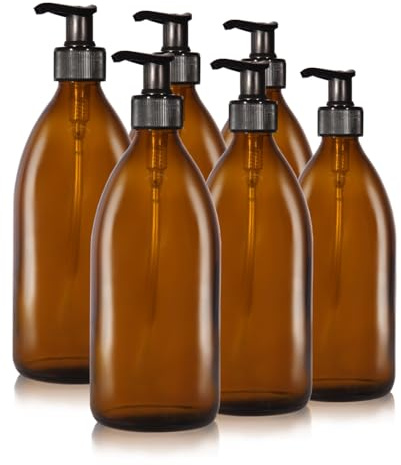 Oputec 6 x 500ml Seifenspender aus Glas: Shampoo Flaschen zum Befüllen als Duschgel Spender, Pumpspender - Pumpflasche aus Braunglas - Behälter zum Befüllen für Küche Badezimmer