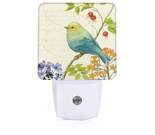 Bird Flower Night Light, Vintage Watercolor Bird Flower Night Lights Plug Into Wall with Dusk To Dawn Sensor Wall Lamp, Nightlights For Bedroom, Bathroom, Hallway, Kitchen, Gifts Ideal For Girls Women