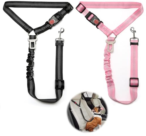 2 pièces réglable Ceinture securite Chien Voiture, Coussin élastique Anti-Vibration Ceinture sécurité Chien Convient aux Voitures (Noir + Rose)
