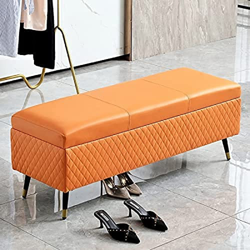 Hochwertige Polsterbank aus Leder, modern, Schlafzimmer, Eingangsbereich, Polsterbank, 120 x 40 x 45 cm, stilvolle Bettmöbel, Orange