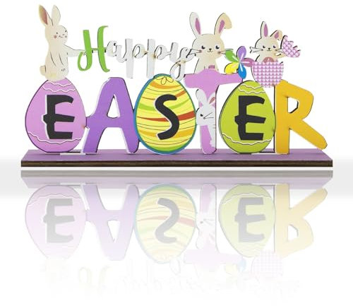iwiio Easter Table Decorations, Happy Easter Wooden Sign, Easter Table Centerpiece, Bunny & Egg Tabletop Easter Figuring Decoration, Easter Ornaments for The Home Office