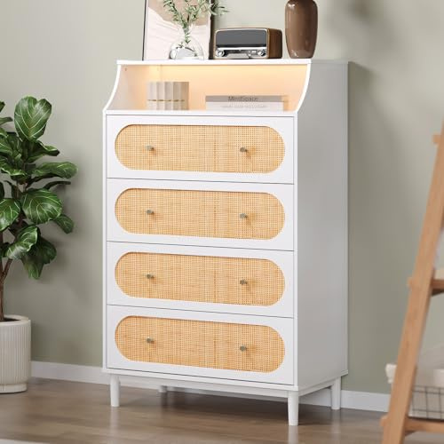 VINGLI Rattan Dresser, Tall Dresser, Boho Chest of Drawers for Bedroom with LED Lights, 4 Drawer Dressers for Bedroom, White