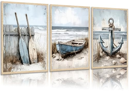 3Pcs Nautical Beach Wall Art Sailboat Paddle and Anchor Paintings Pictures Wall Decor Nautical Coastal Posters Prints Artwork for Living Room Bedroom Home Office Corridor Home Decroation Unframed
