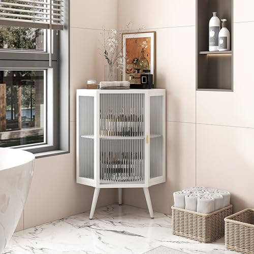 IDEASY Eckschrank mit Sicherheitsglas-Tür & höhenverstellbarem Regal, Eckregal für Badezimmer/Wohnzimmer/Schlafzimmer, Bodenstehendes Stauraummöbel, Weiß