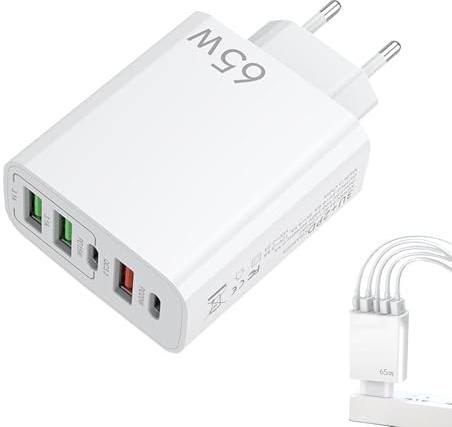Huybaa Caricatore USB C 65W 5 Porte 2-C + 3-A con QC 3.0/PD Caricabatterie 65W caricatore usb multiplo Compatibile con Dispositivi iPhone, Galaxy, Xiaomi, iPad Bianco