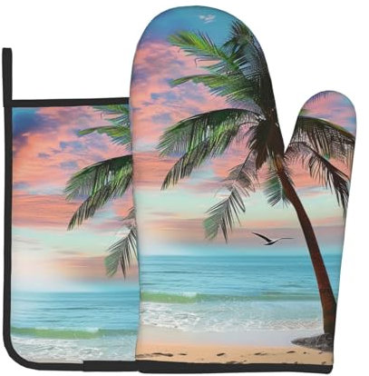 Lot de 2 maniques et maniques imprimées avec motif cocotier, palmier, plage de sable – Résistants à la chaleur et imperméables pour barbecue