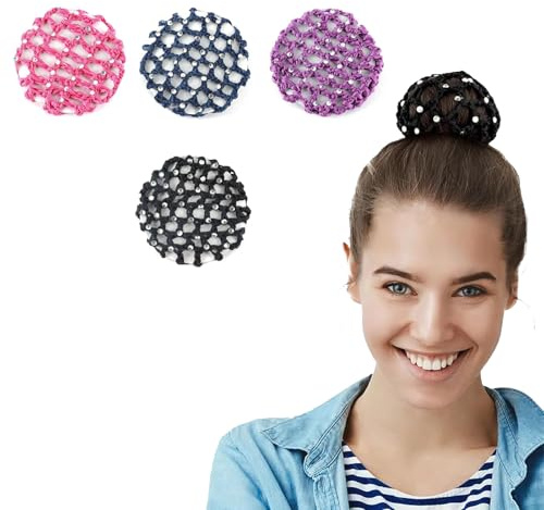 4 PCS Redecilla Pelo Niña,Mallas Elásticas,Redecilla con Diamantes De Imitación, Pelo Gimnasia Ritmica, Accesorio para el pelo para mujer color negro redecilla para cabello con lunares