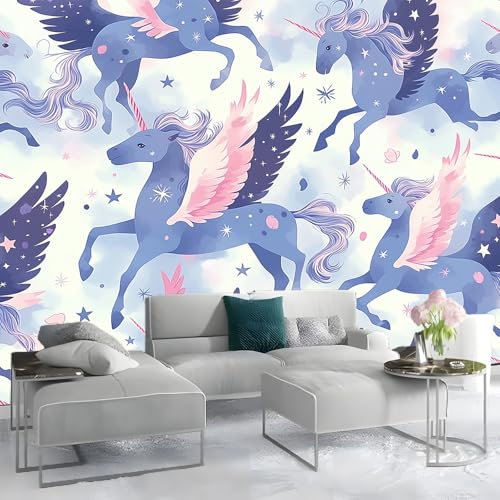 Fototapete 200 x 140 cm Tapete Fototapeten Vlies Einhorn, Märchen, Fantasie Wandtapete moderne Wand Schlafzimmer Küche Coole Farben Blau und Pink