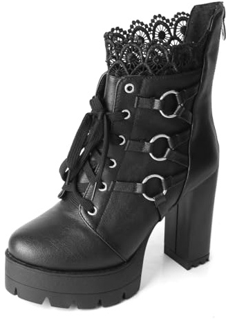 FOREADA Bottines noires à talons hauts pour femme - Bottines de combat à lacets gothiques à talons épais avec fermeture éclair