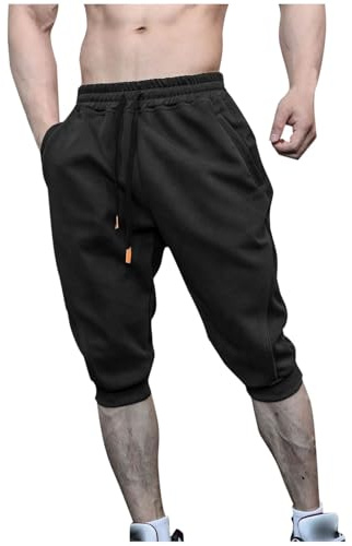 Mens Shorts 3/4 Jogger Solid Color Capris Pants Summer Three Quarter Length Trousers Casual Sports Gym Running Training Bottoms Elasticated Waist Below Knee Short Joggers Bottoms Black