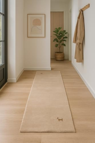 Gabbeh Teppich Läufer 80x295 cm – Handgewebt aus 100% Schurwolle – Orientteppich beige – Moderner Wollteppich für Wohnzimmer, Schlafzimmer & Flur, fußbodenheizung geeignet
