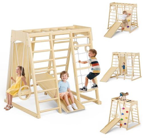 9-in-1 Montessori Indoor Play Set, Indoor Climbing Triangle, Climbing Arch with Cushions, and Slide for Children for 1-3 Years ((Large Climbing Frame - Natural Wood Finish))