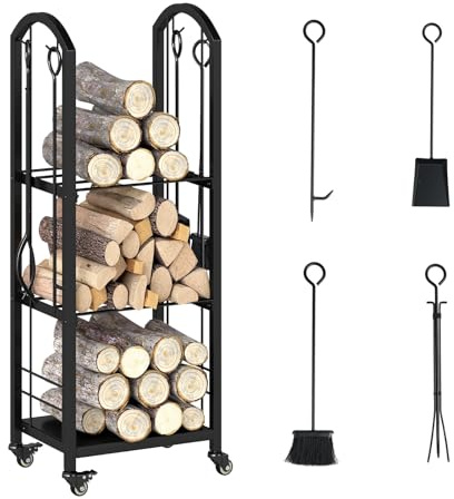 COSTWAY Chariot Range Buche Interieur, Porte Buche a Roulettes avec 4 Kits pour Cheminée, Étagères en Métal, Charge 60 KG par Niveau, Rangement Bois pour Poele, Foyer (40 x 30 x 108 cm)