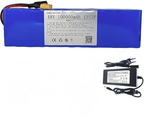 48V 100Ah 13S3P Batería De Iones De Litio para Bicicleta Eléctrica,con Cargador Y Placa De Protección BMS,para Bicicletas Eléctricas Y Plegables(XT30+JST)