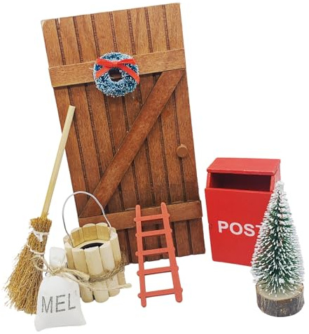 Wsdsgz Scène de Noël miniature en bois pour décoration de maison de poupée avec porte ornée, couronne de festival, boîte aux lettres, décoration de village de Noël miniature