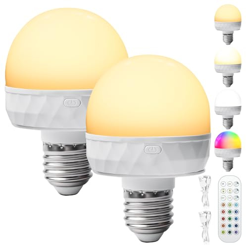 Pack de 2 bombillas recargables con mando a distancia, bombillas LED de color E27 regulable con mando a distancia e imán, lámparas recargables USB-C, bombillas para luz de emergencia, luz nocturna