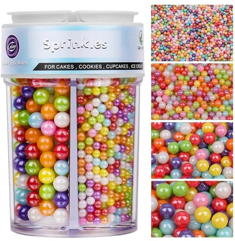 Essbare Bunt Zuckerstreusel & Zuckerperlen (130g) - In 4 Vorsortierten Größen (2,4,7,10mm) für Eis, Torten, Cupcakes & Kekse - Perfekte Perlen Streusel Deko für Hochzeit & Geburtstag
