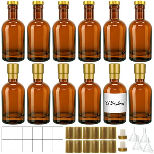 TBWIND 12 Pack 6oz Amber Glass Liquor Bottles with T-Top Cork Stoppers, 200ml Refillable Mini Bottles for Vanilla Extract, Maple Syrup, Oils & Homemade Spirits, Includes Funnels & Labels