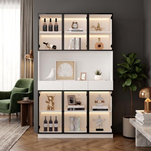 Gecheer Glasvitrine Stehend, Vitrine mit LED Beleuchtung, 36x120x200cm | Offenes Mittelfach, 6 Türen 5 Fächern, Weiß-schwarzer Rahmen für Wohnzimmer Schlafzimmer Esszimmer Büro