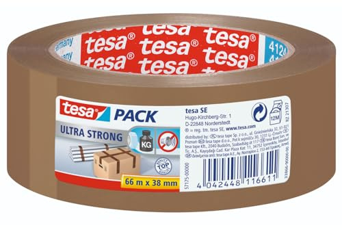 tesa tesapack Ultra Strong - PVC-Klebebänder für festes Verpacken und sicheres Bündeln - Braun - 66 m x 38 mm