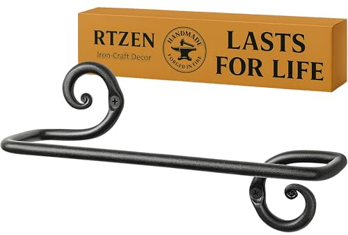 RTZEN Matte Black Hand Towel Holder for Bathroom - Handcrafted Farmhouse Wrought Iron Metal Kitchen Bar - Small Hand Towel Bar Hanger for Home or Office - Wall Mounted Rack Fits 10 Towels