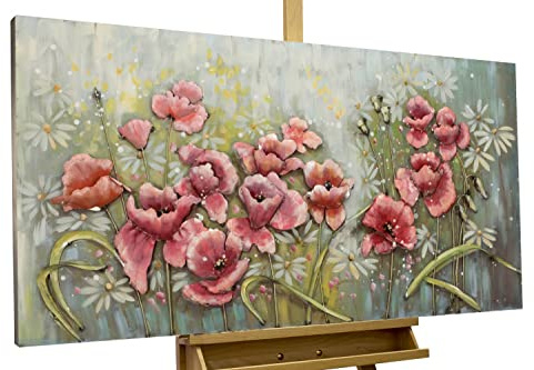 KunstLoft Metallbild 3D | 100% HANDGEFERTIGT | 120x60x6cm | Wandbild Metall Deko 'Aufgeblüht' | Blumen | Rosa Grün | Metall Wanddeko Wohnzimmer