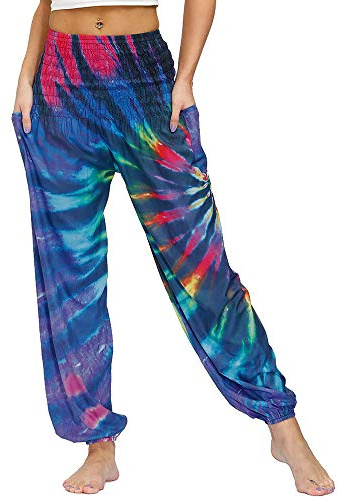 Nuofengkudu Donna Harem Yoga Pantaloni Vita Alta con Tasconi Thai Estivi Baggy Aladin alla Turca Boho Etnici Vintage Stampa Pilates Pants Vacanza Estate Beach(Y-Tie-Dyed B,Taglia Unica)