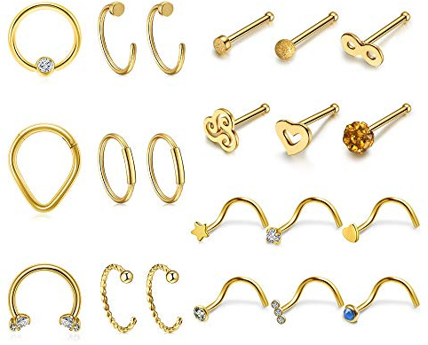Sunligoo Nasenpiercing Gold 21Stück 16ga 20ga Chirurgenstahl Nasenring Nasenstecker Set für Nostril Piercing Septum Schmuck Damen Herren