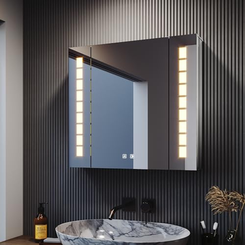 SONNI Spegelskåp med belysning, imfritt spegelskåp i aluminium med uttag, badrumsspegelskåp med pekbrytare trådlös gångjärnsdesign 60 × 65 cm