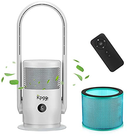Ventilador de mesa Kpgo con purificador de aire, ventilador de columna sin aspas de oscilación con filtro HEPA, aplicación y control remoto, silencioso y potente, blanco