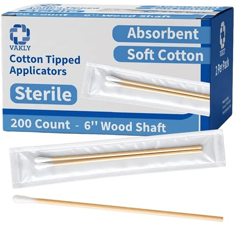 Vakly Sterile Applikatoren mit Wattestäbchen, 15,2 cm (6 Zoll), lange Wattestäbchen aus Holz für Medizin, Erste Hilfe, Reinigung, Handwerk und Labor, 200 Stück