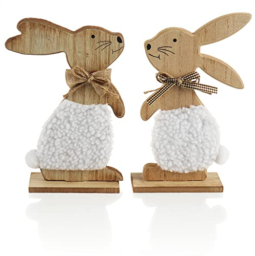 com-four® 2X Deko-Hase aus Holz - Aufsteller für Ostern - Hasen-Paar mit Schleife - Osterdekoration aus Holz zum Hinstellen - Deko-Holzaufsteller (2 Stück - Hase mit Pelz)