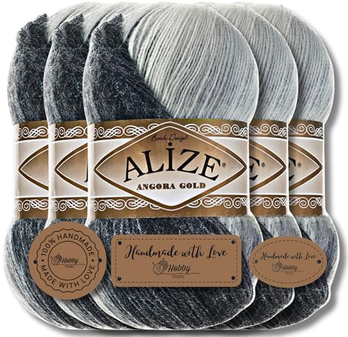 Hobby YARN 3x Etikettenlabel mit Alize Angora Gold Batik Wolle Premium 5x100g als Set, Yarn, Garn, Schurwolle, Farbverlauf, Strickgarn zum Häkeln, Stricken, Kleidung (1900)