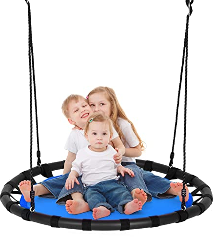 Maxmass Kids Hanging Tree Swing, 100cm Nest Swing Seat with Height Adjustable Ropes, Flying Round Saucer Swing for Outdoor Backyard Garden, 150kg Capacity (Blue Swing without Frame)